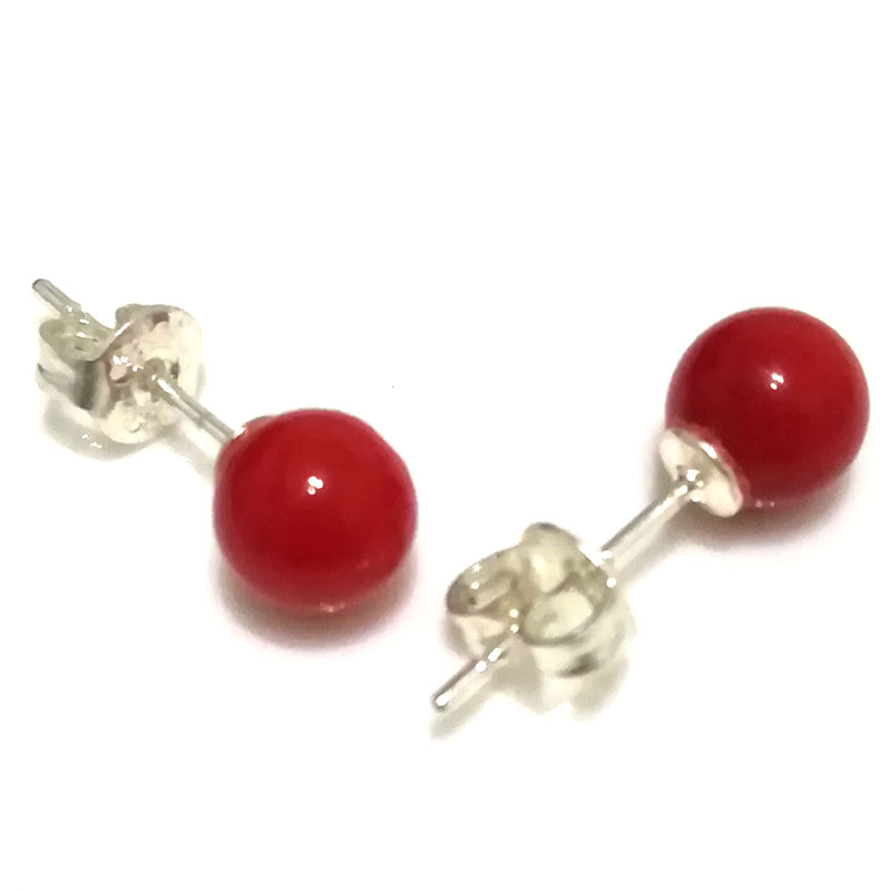 6-7mm Red Natural Round Coral 925 Sterling Silver Stud Earring