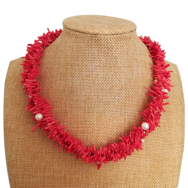18 inches 3 rows 3-8mm Red Branch Natural Coral & Pearls Necklace