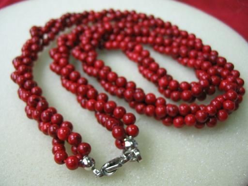18 inches 3 Rows 5-6mm Red Round Natural Coral Beaded Necklace