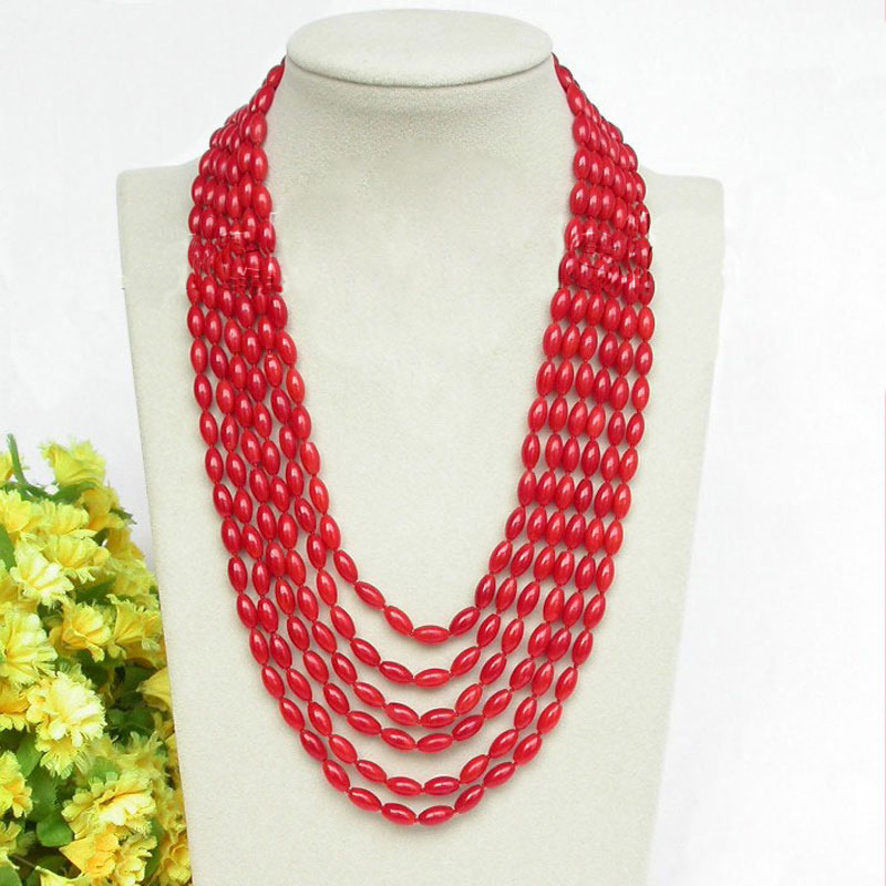 17-22 inches 6 rows 4X8mm Rice Red Coral Beaded Necklace with Magnet Clasp