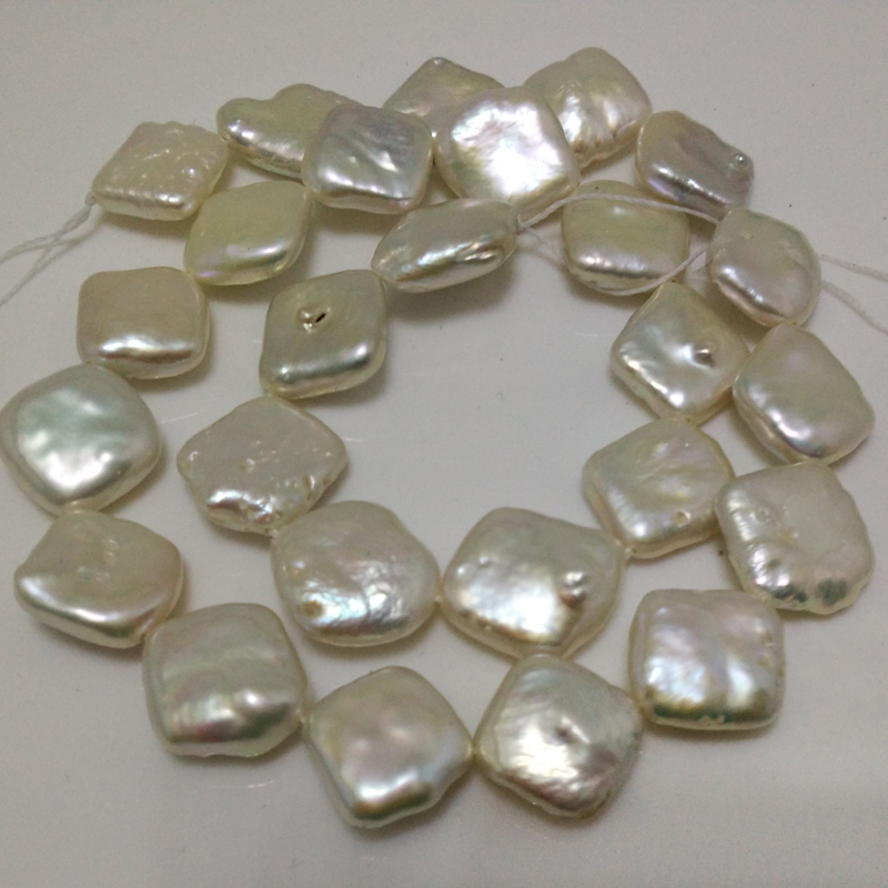 16 inches 14-15mm White Diagonally Drilled Flat Square Shaped Pearls Loose Strand