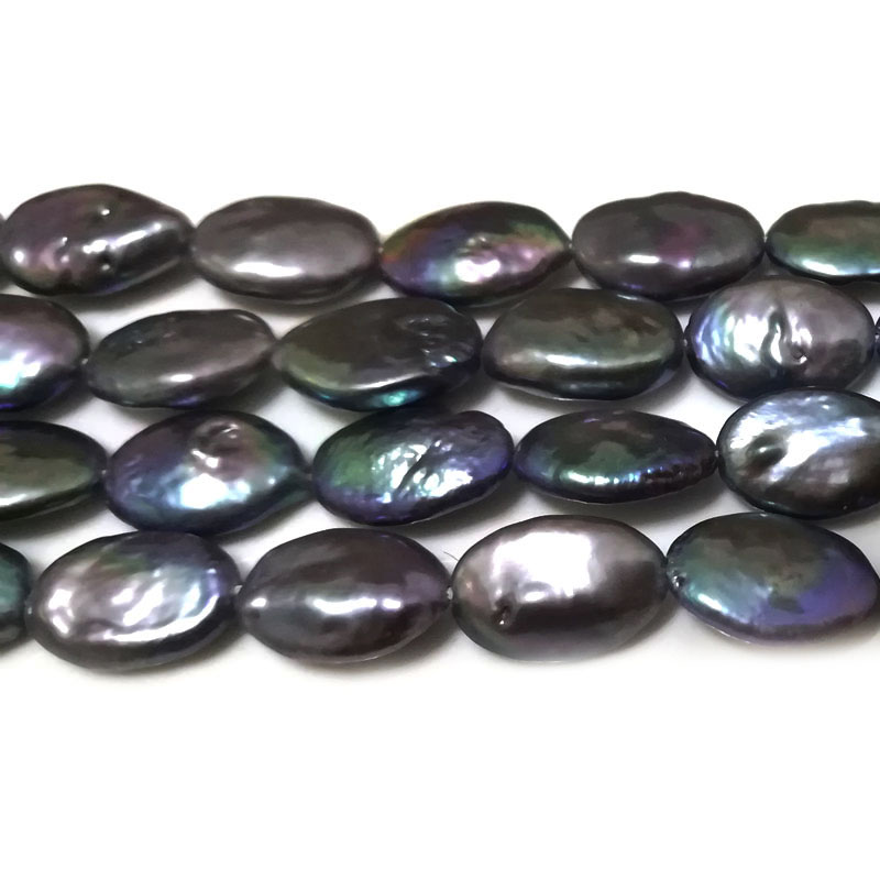 16 inches 9x13mm Black Natural Oval Coin Pearls Loose Strand