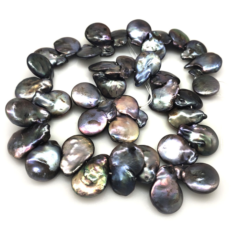16 inches 16-20mm Black Natural Side Drilled Large Coin Pearls Loose Strand