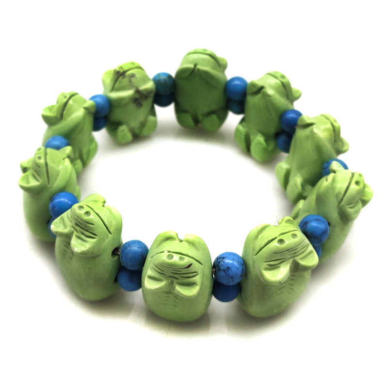 8 inches 14x25mm Green Piggy Carved Turquoise Elastic Beaded Bracelet