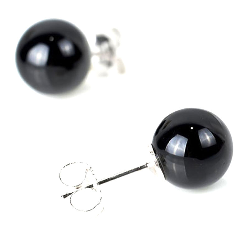 8mm Natural Round Black Onyx Bead Earring with 925 Silver Stud