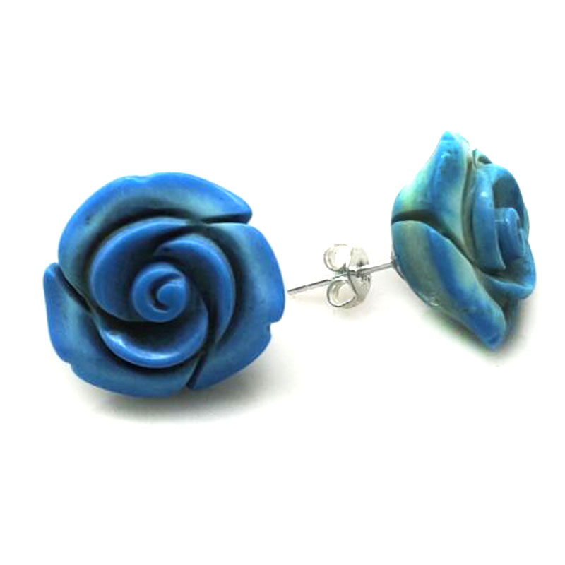20mm Blue Turquoise Carved Rose Flower Earring with 925 Sterling Silver Stud