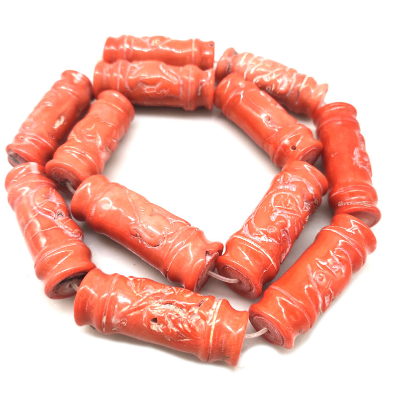 16 inches 15x40mm Salmon Column Chinese Zodiac Carved Coral Beads Loose Strand