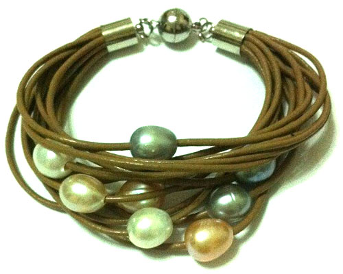 8 rows Coffee Leather & 10-11 mm Rice Pearl Wrap Bracelet