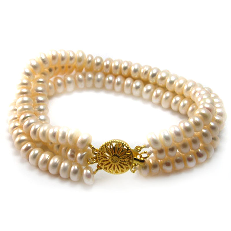 7.5 inches 3 rows 5-6mm Natural White Button Pearl Bracelet