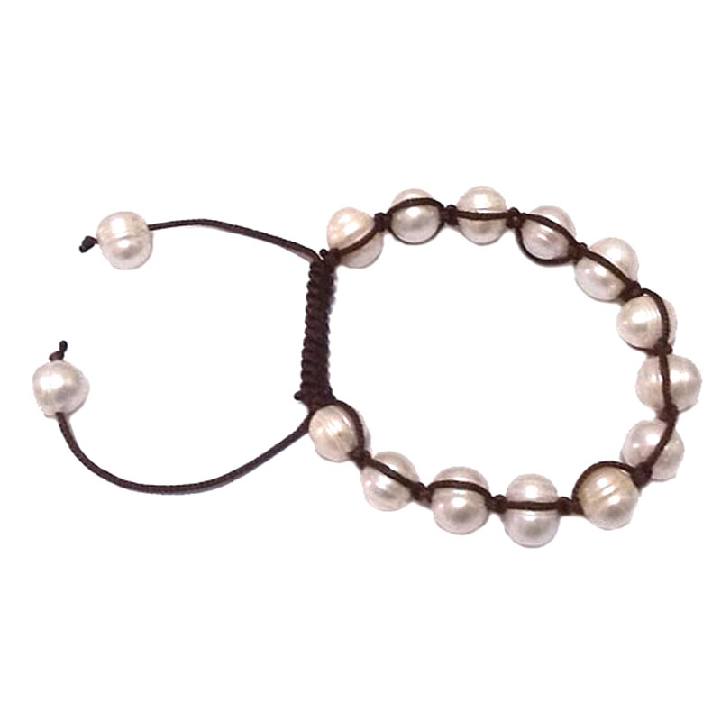 7.5 inches 9-10mm White Pearl & Brown Thread Adjustable Bracelet