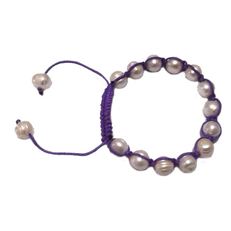 7.5 inches 9-10mm White Pearl &Purple Thread Adjustable Bracelet