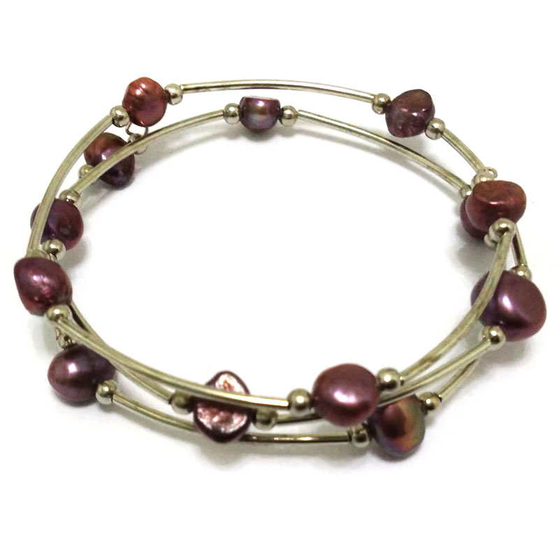 8 inches 8-9mm Purple Baroque Pearl Memory Wire Bracelet