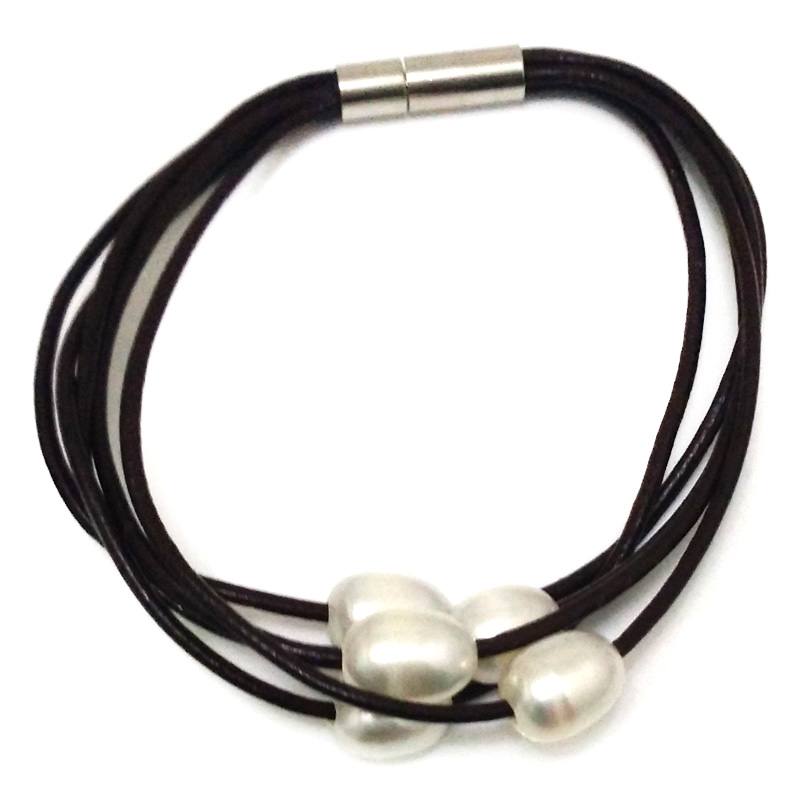 7.5 inches 5 rows Black Leather Cord White Rice Pearl Bracelet