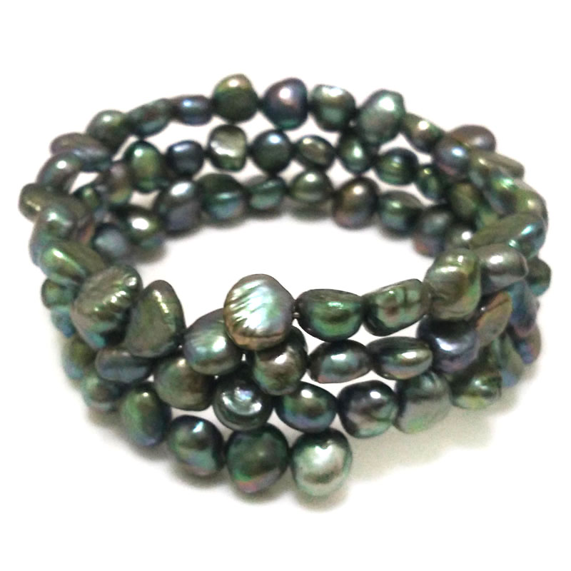 7.5-8 inches 7-8mm Dark Green Baroque Pearl Memory Wire Bracelet