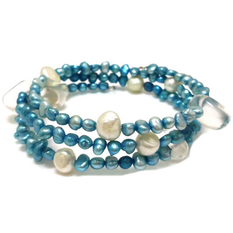 7.5-8 inches 5-8mm Blue Baroque Pearl & Crystal Memory Wire Bracelet