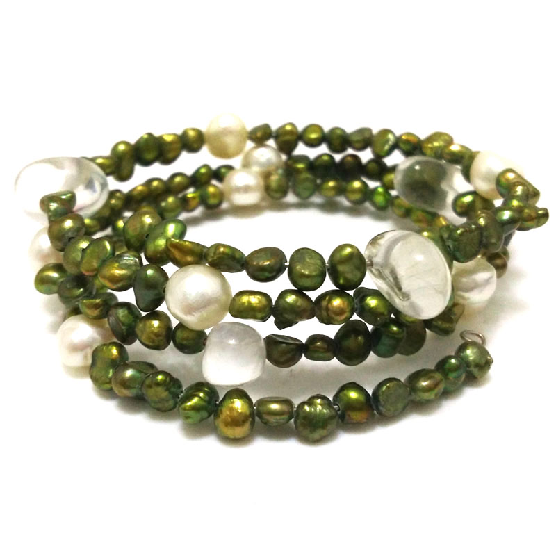 7.5-8 inches 5-8mm Dark Green Baroque Pearl & Crystal Memory Wire Bracelet