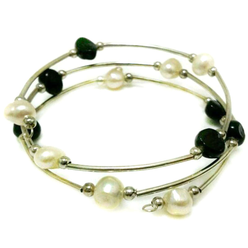 7.5-8 inches 8-9mm Double Color Baroque Pearl Women Memory Wire Bracelet
