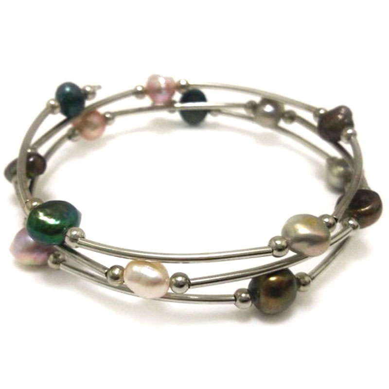 7.5-8 inches 8-9mm Triple-Color Baroque Pearl Women Pearl Memory Wire Bracelet