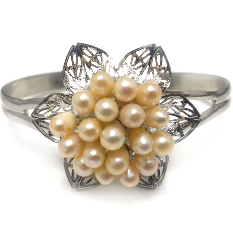 7.5-8 inches 5-6mm Natural Pink Rice Pearl Cluster Flower Pearl Cuff Bangle