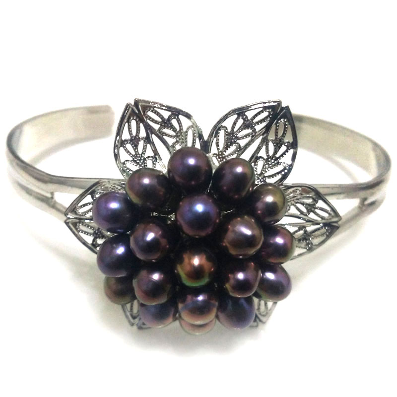 7.5-8 inches 5-6mm Black Natural Rice Cluster Flower Pearl Cuff Bangle