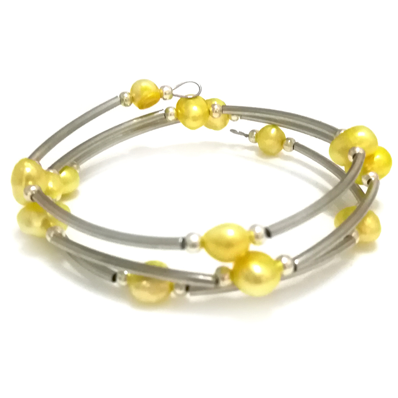 7.5-8 inches 8-9mm Yellow Natural Baroque Pearl Women Silver Memory Wire Bracelet