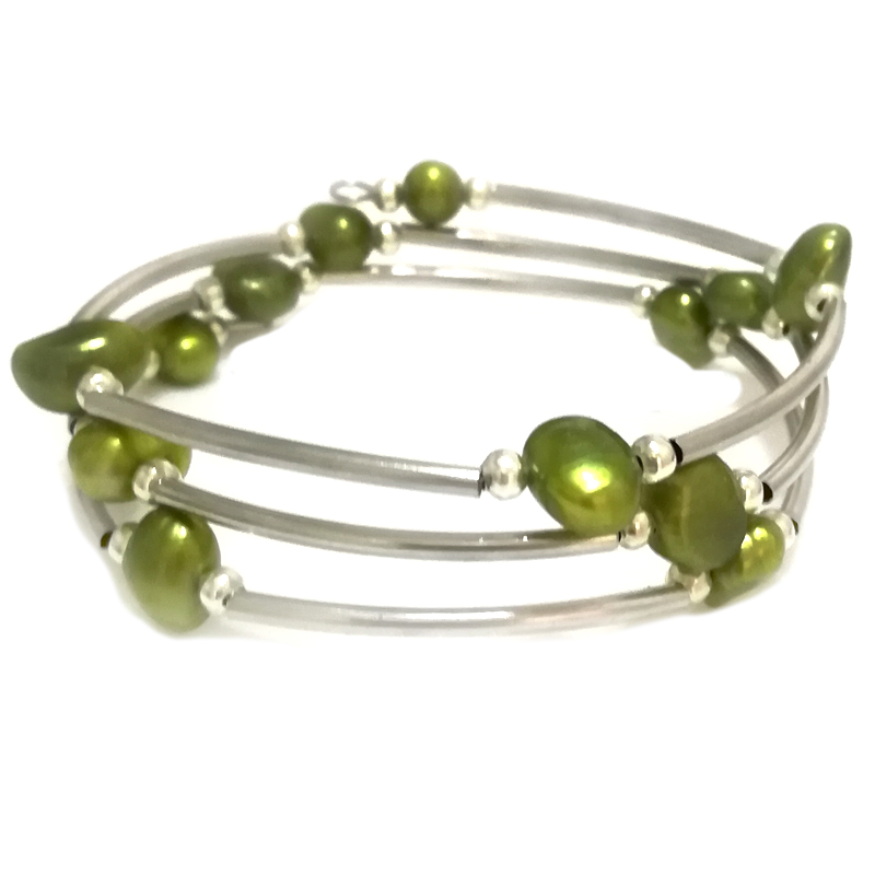 7.5-8 inches 8-9mm Army Green Natural Baroque Women Memory Wire Bracelet