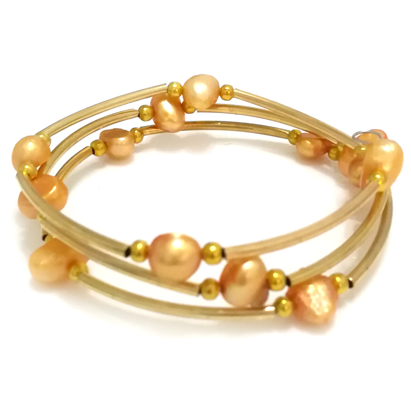 7.5-8 inches 8-9mm Orange Natural Baroque Pearl Women Gold Filled Bracelet