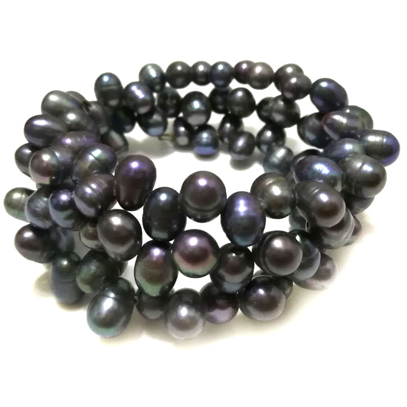 7.5 inches 5-6mm Black Natural Handmade Pearl Wrap Memory Wire Bracelet