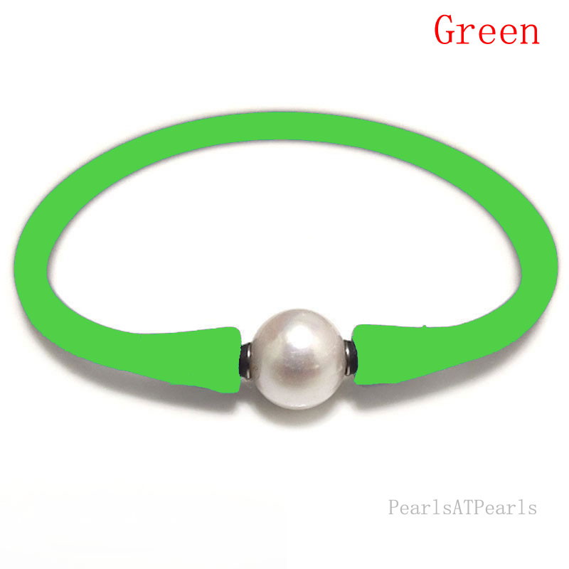 Wholesale 10-11mm One Natural Round Pearl Green Rubber Silicone Bracelet