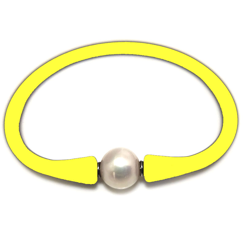 Wholesale 10-11mm One Natural Round Pearl Yellow Rubber Silicone Bracelet