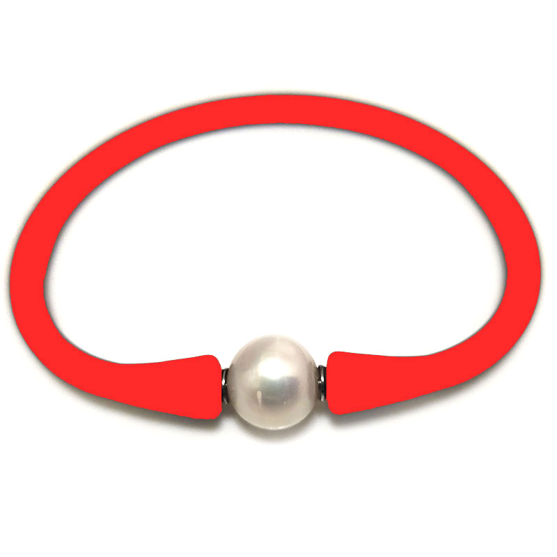 Wholesale 10-11mm One Natural Round Pearl Red Rubber Silicone Bracelet