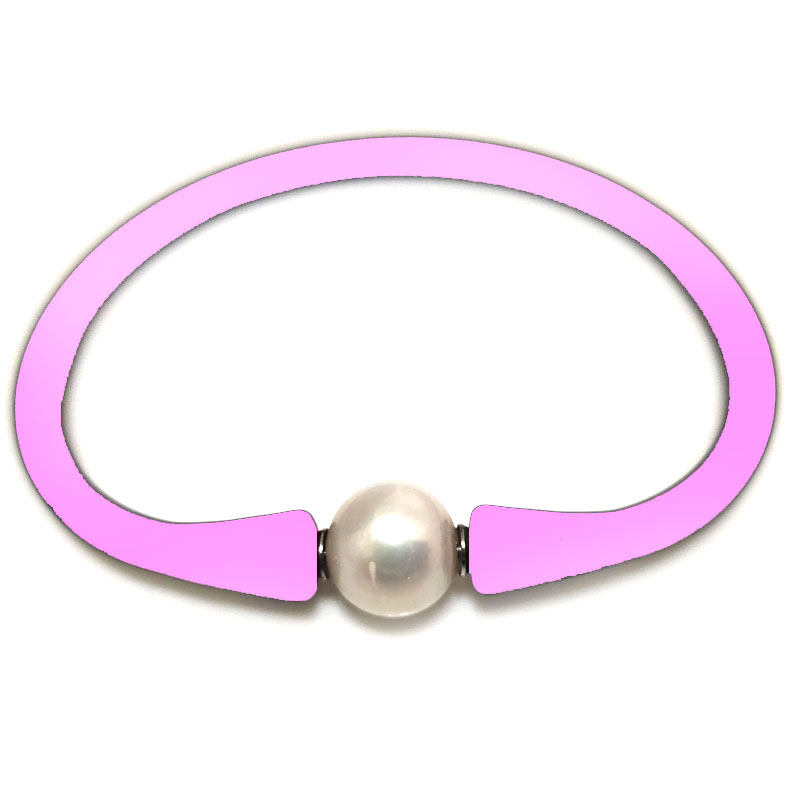 Wholesale 10-11mm One Natural Round Pearl Pink Rubber Silicone Bracelet
