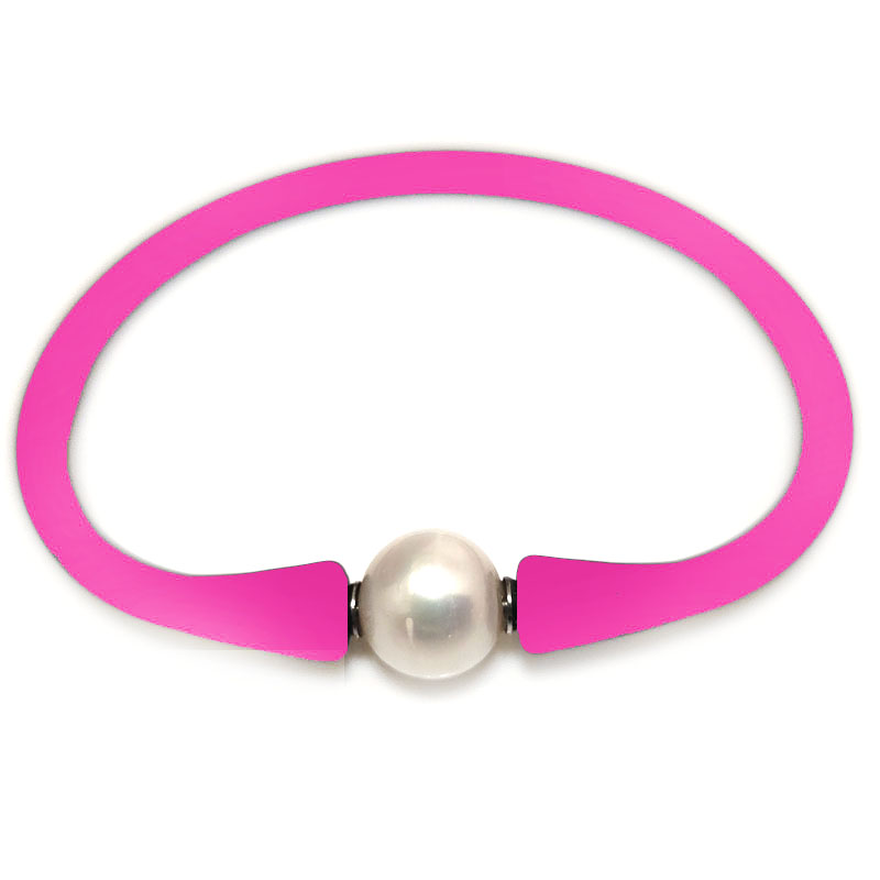 10-11mm One Natural White Round Pearl Magenta Rubber Silicone Bracelet