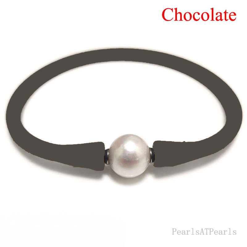 Wholesale 7 inches 10-11mm One Natural Round Pearl Chocolate Rubber Silicone Bracelet