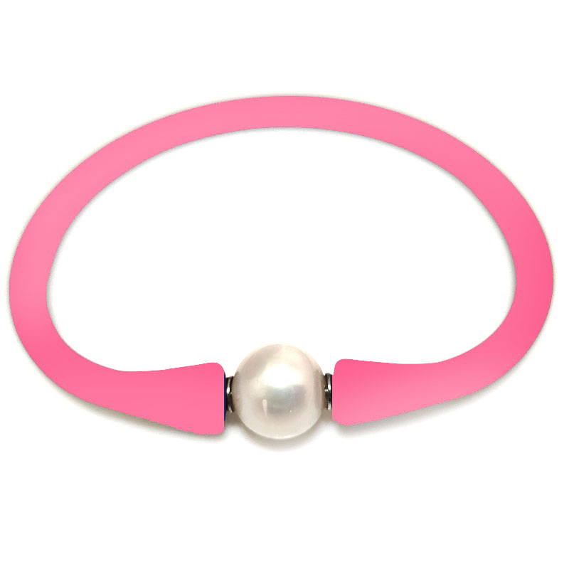 Wholesale 10-11mm One Natural Round Pearl Hot Pink Rubber Silicone Bracelet