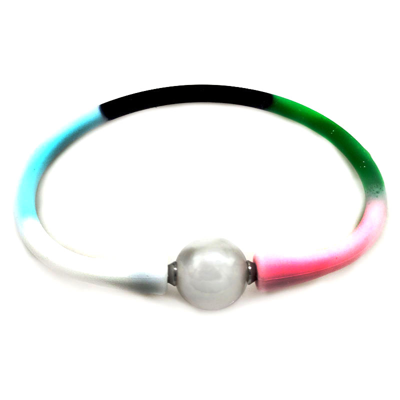 Wholesale 7 inches 10-11mm One Natural Round Pearl Multicolor Rubber Silicone Bracelet