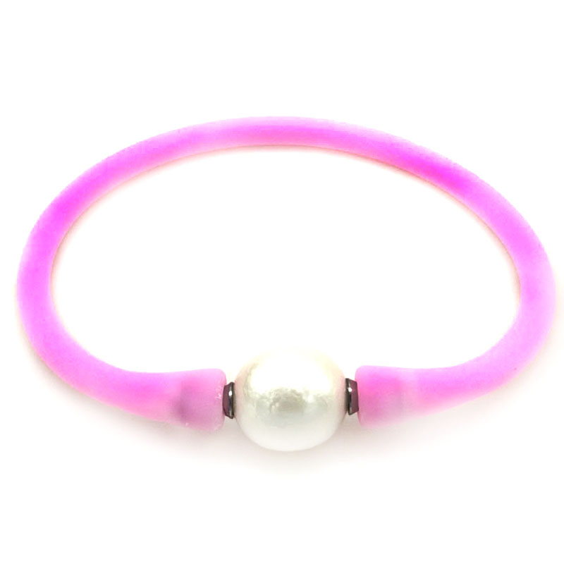 Wholesale 10-11mm One Natural Round Pearl Baby Pink Rubber Silicone Bracelet