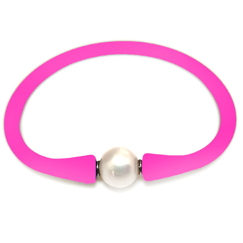 Wholesale 10-11mm One Natural Round Pearl Fuchsia Rubber Silicone Bracelet