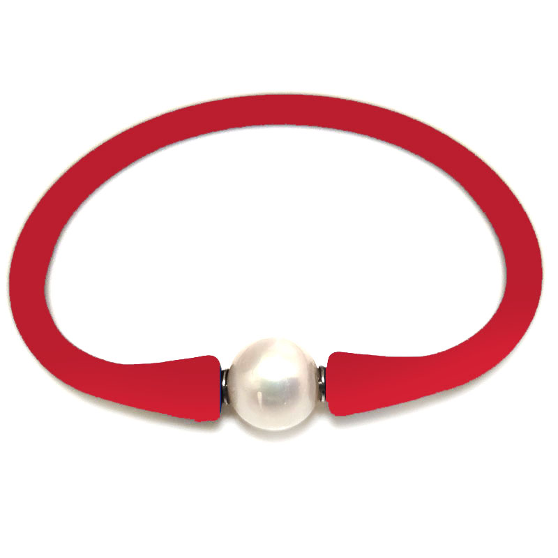 Wholesale 10-11mm One Natural Round Pearl Crimson Silicone Rubber Bracelet