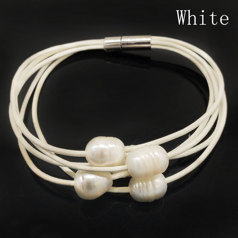Wholesale 7.5 inches 5 rows White Leather Cord Rice Pearl Bracelet
