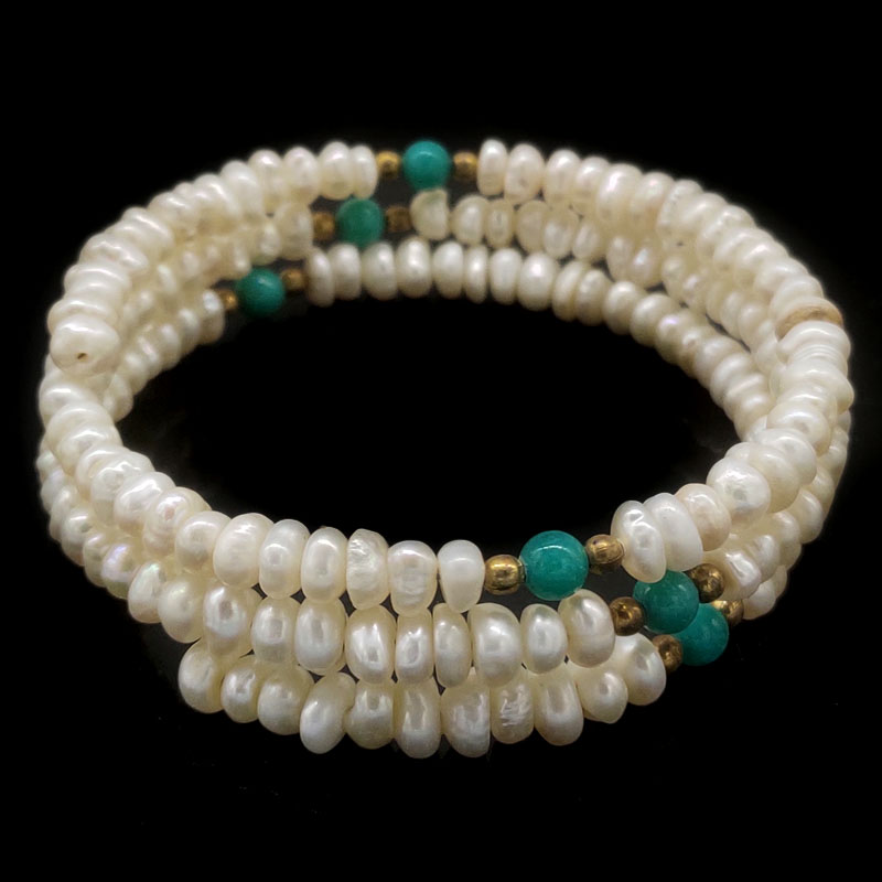 7 inches 4-5mm White Nugget Pearl Green Jade Memory Wire Bracelet