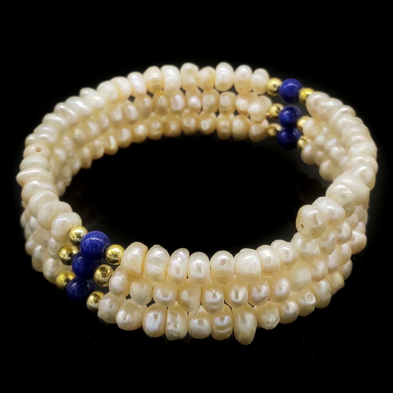 7 inches 4-5mm White Nugget Pearl Lapis Lazuli Memory Wire Bracelet