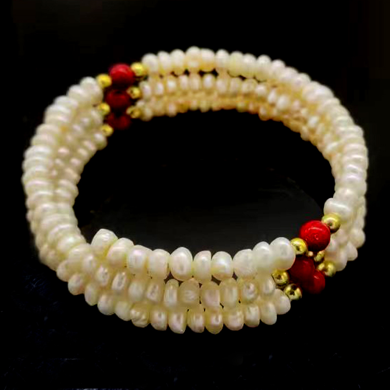 7 inches 4-5mm White Nugget Pearl Red Coral Memory Wire Bracelet