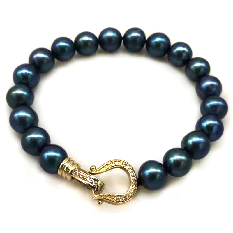 Wholesale 8 inches 9-11mm Peacock Blue Round Tahitian Pearl Bracelet