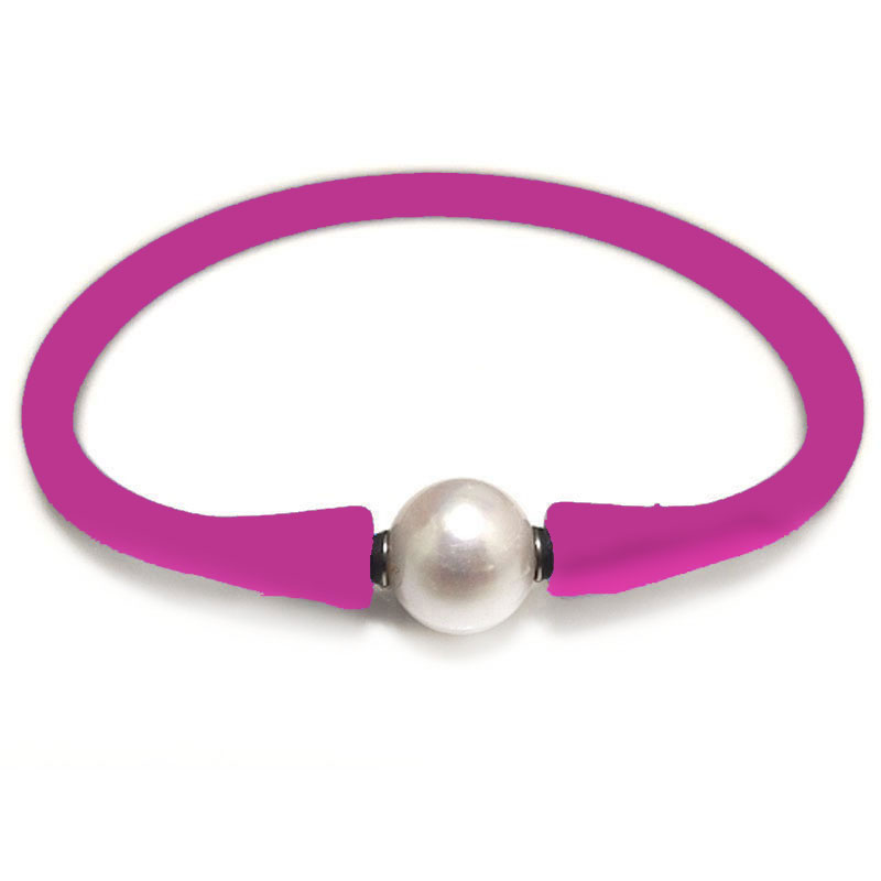 Wholesale 10-11mm One Natural Round Pearl Eggplant Rubber Silicone Bracelet