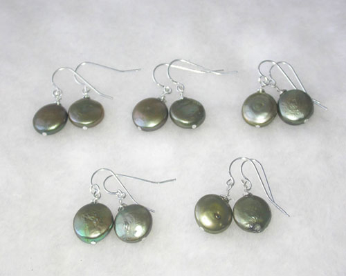 Wholesale 12-13mm Dark Green Coin Pearl 925 Sterling Silver Hook Earring,Sold by Pair
