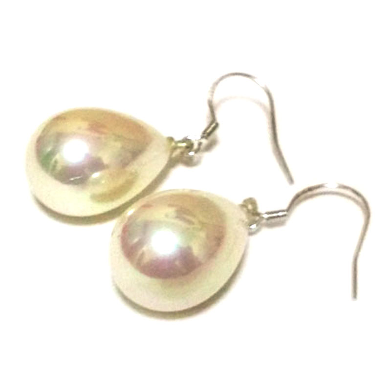13X19mm White Raindrop Shell Pearl Earring with 925 Silver Hook