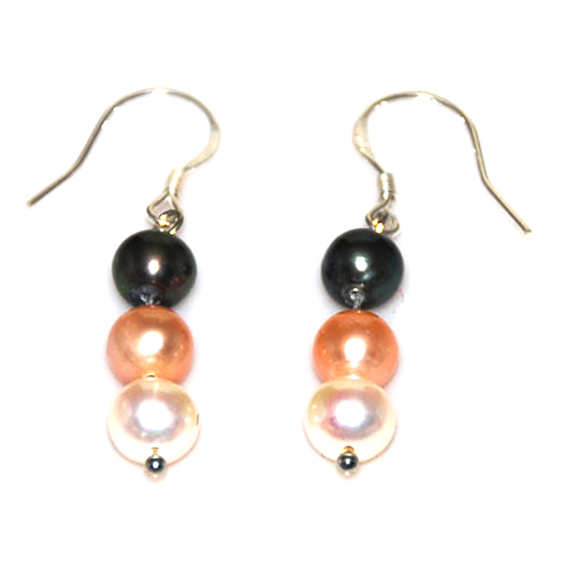 7-8mm White/Pink/Black Round Pearl Earrings with 925 Silver Hook