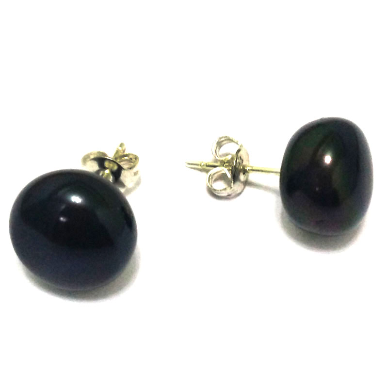 11-12mm Black Natural Button Pearl Stud Earring,Sod by Pair