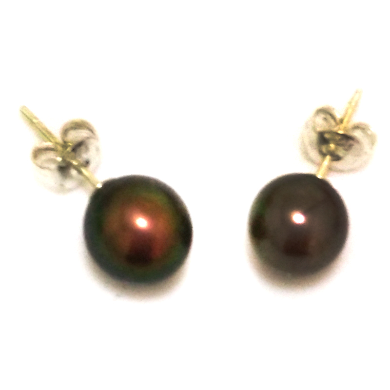8-9mm AAA Peacock Round Akoya Pearl Stud Earring,Sold by Pair